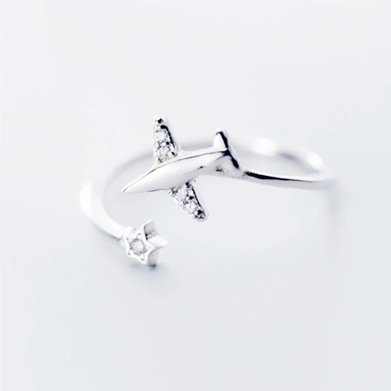 

Сверкающее кольцо с цирконом в форме самолета, милое, из стерлингового серебра 925 пробы, женское, с регулируемым размером, RI917