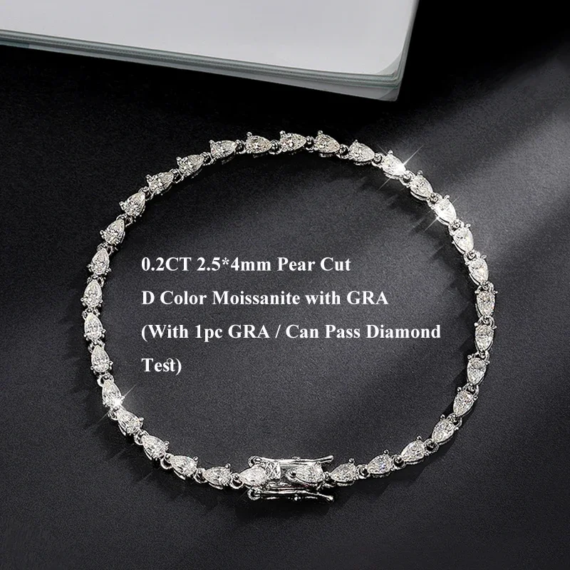 EWYA Micro 0.2/0.35CT Pear Cut D Color Full Moissanite Diamond Tennis Bracelet for Women Men 925 Silver GRA Certified Bracelets