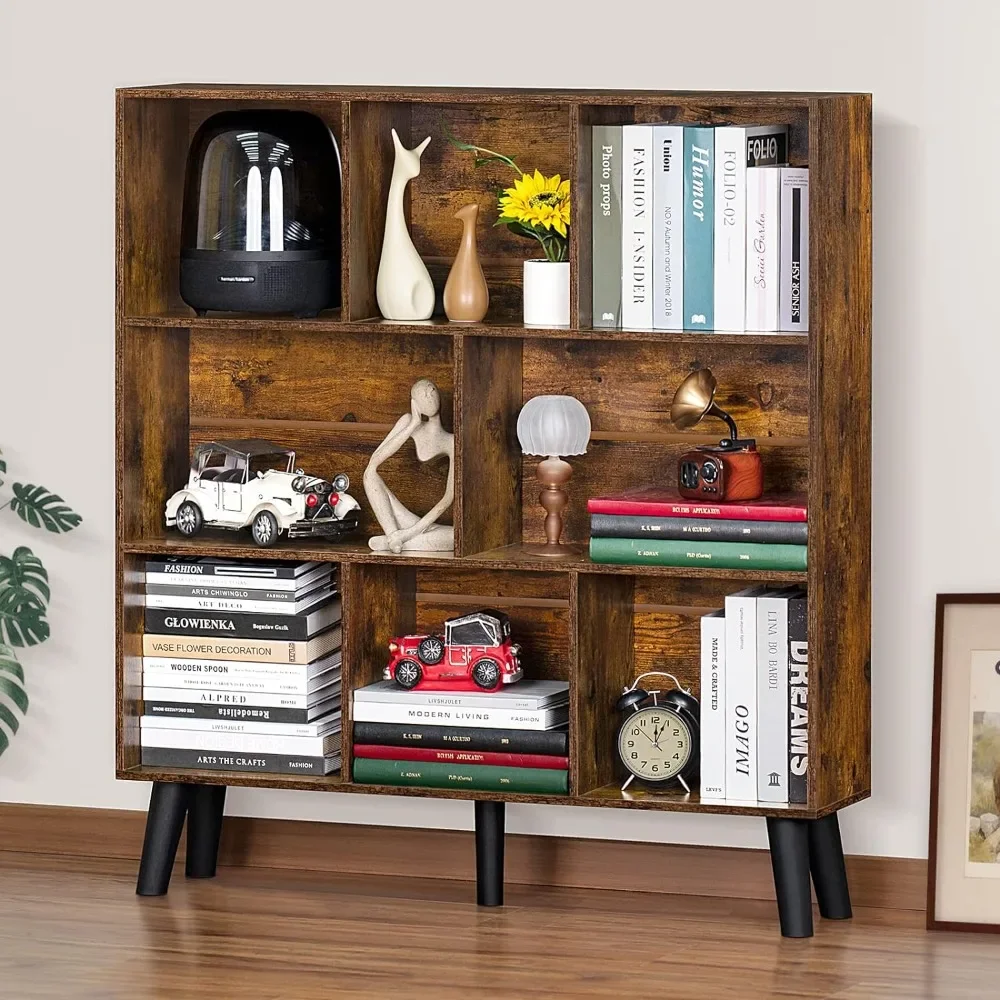 

8 Cube Bookshelf,3 Tier Bookcase with Legs,Rustic Brown Mid-Century Modern Bookshelves,Large Open Storage Organizer Shelf