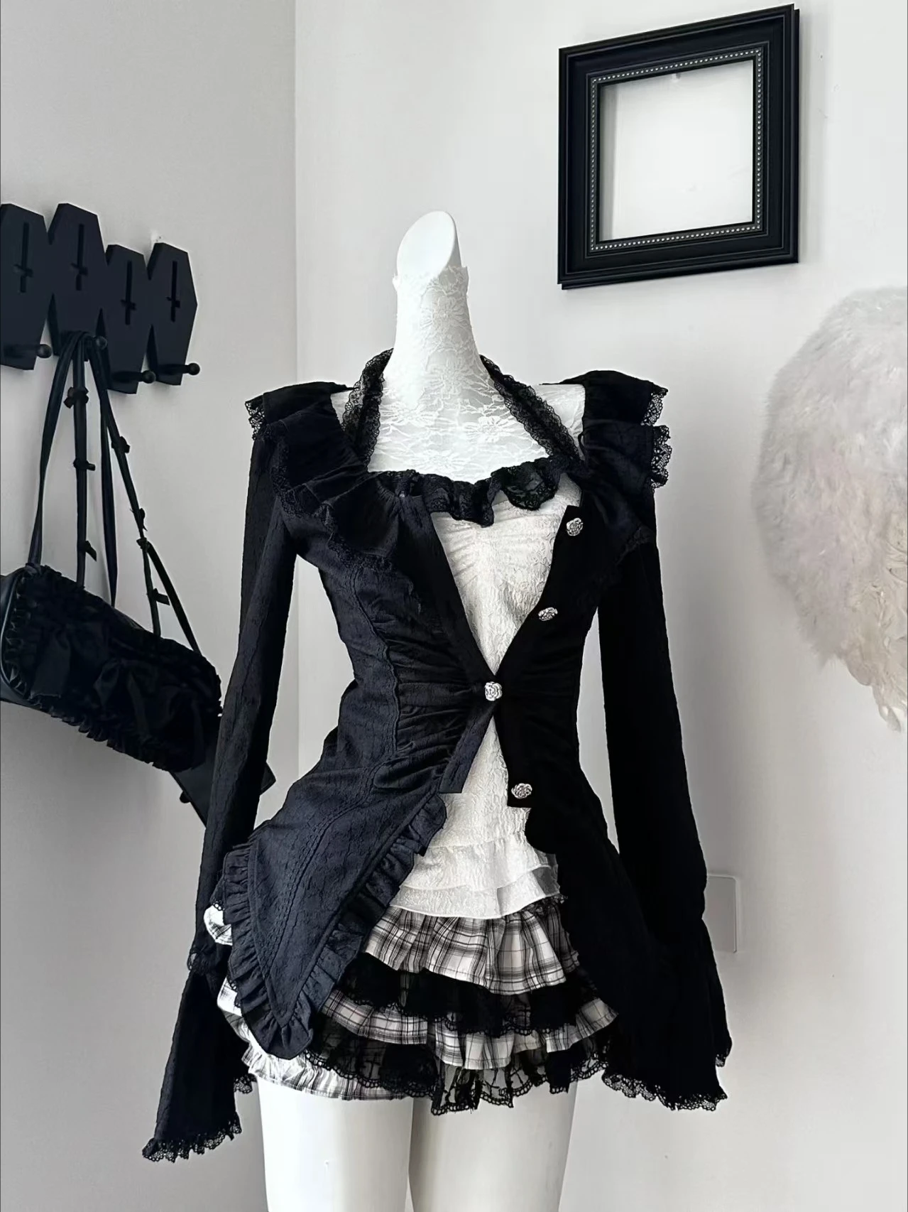 Aesthetic Y2k Lace Skinny 3-piece Set Women Gothic Chic Slash Neck Sling Long Sleeve Cardigan + High Waist Plaid Skirt Suit New