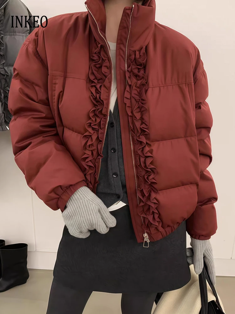 

Новый дизайн, женский пуховик с оборками, зимний красный модный короткий пуховик с высоким воротником, оверсайз, 2026, теплый INKEO DJ646