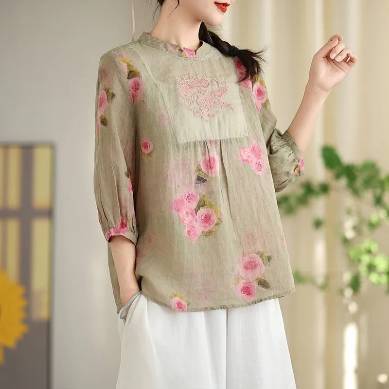 Women Casual Blouses Shirts New 2024 Summer Chinese Style Vintage Embroidery Floral Print Loose Female Tops Shirts B3862