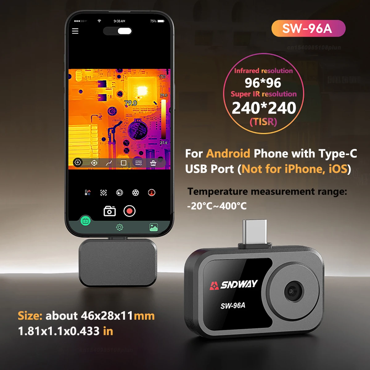 Thermal Camera for Android Phone Type C (for Android only), Infrared Resolution 96x96 (240x240 Super Resolution) Thermal Imager