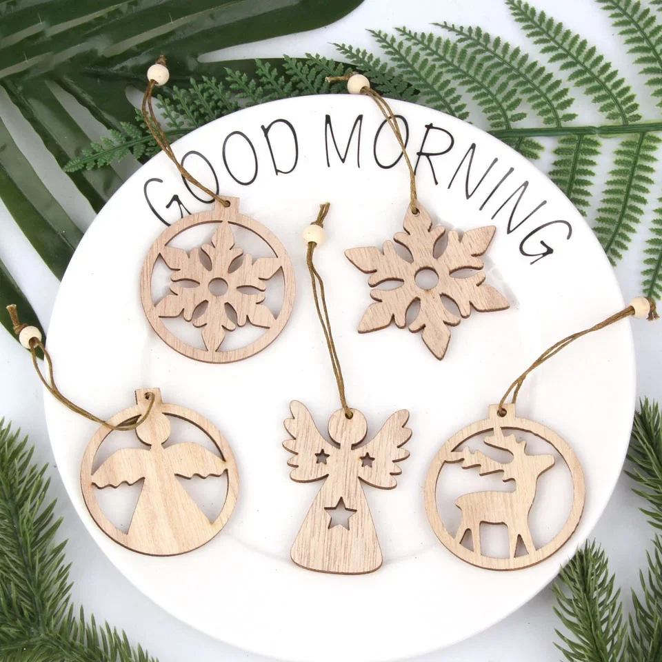 12PCS Christmas Wooden Pendants No Box Hallow Star/Angel/Tree Ornaments Home Xmas Tree Hanging Decoration Kids Gift Supplies