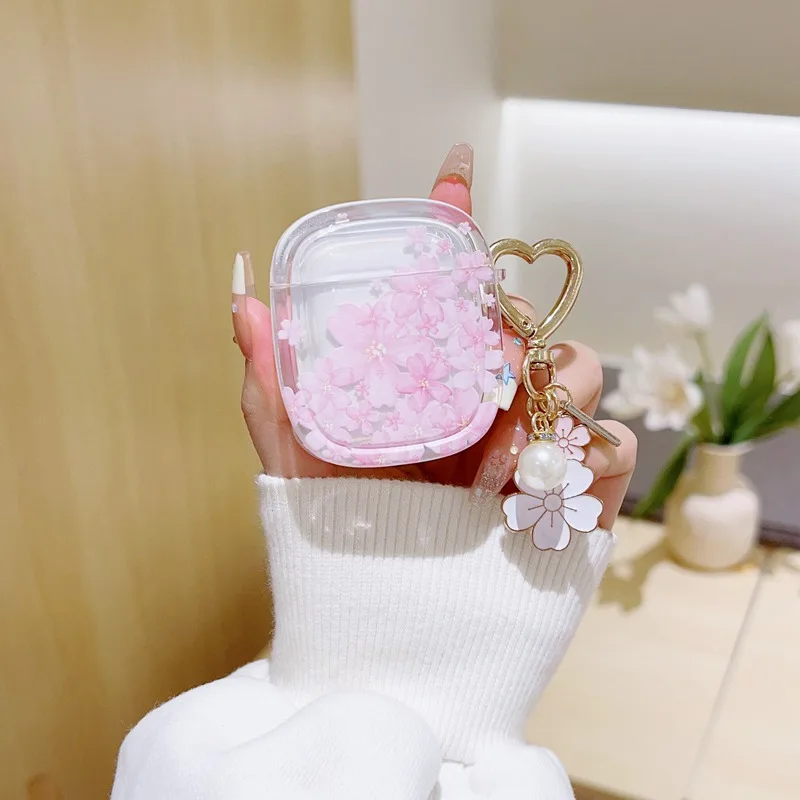 Pink Cherry Blossoms Flower Earphone Case For Airpods Pro 2nd Generation Air Pods 1 2 3 Soft TPU Cover With Pearl Pendant Case