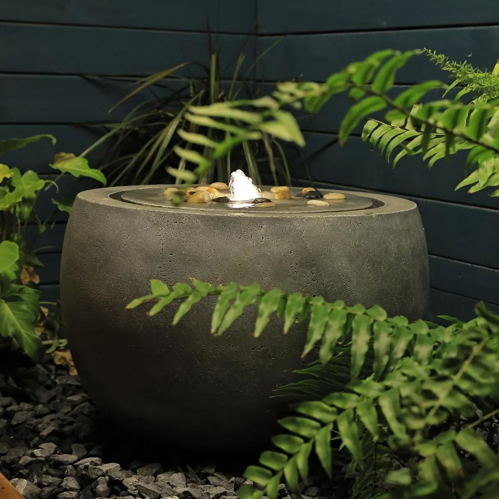 Garden Water Fountain Outdoor Water Feature Indoor with Lights & Pump and Pebbles,Round Flow Fountain Concrete Effect for Patio