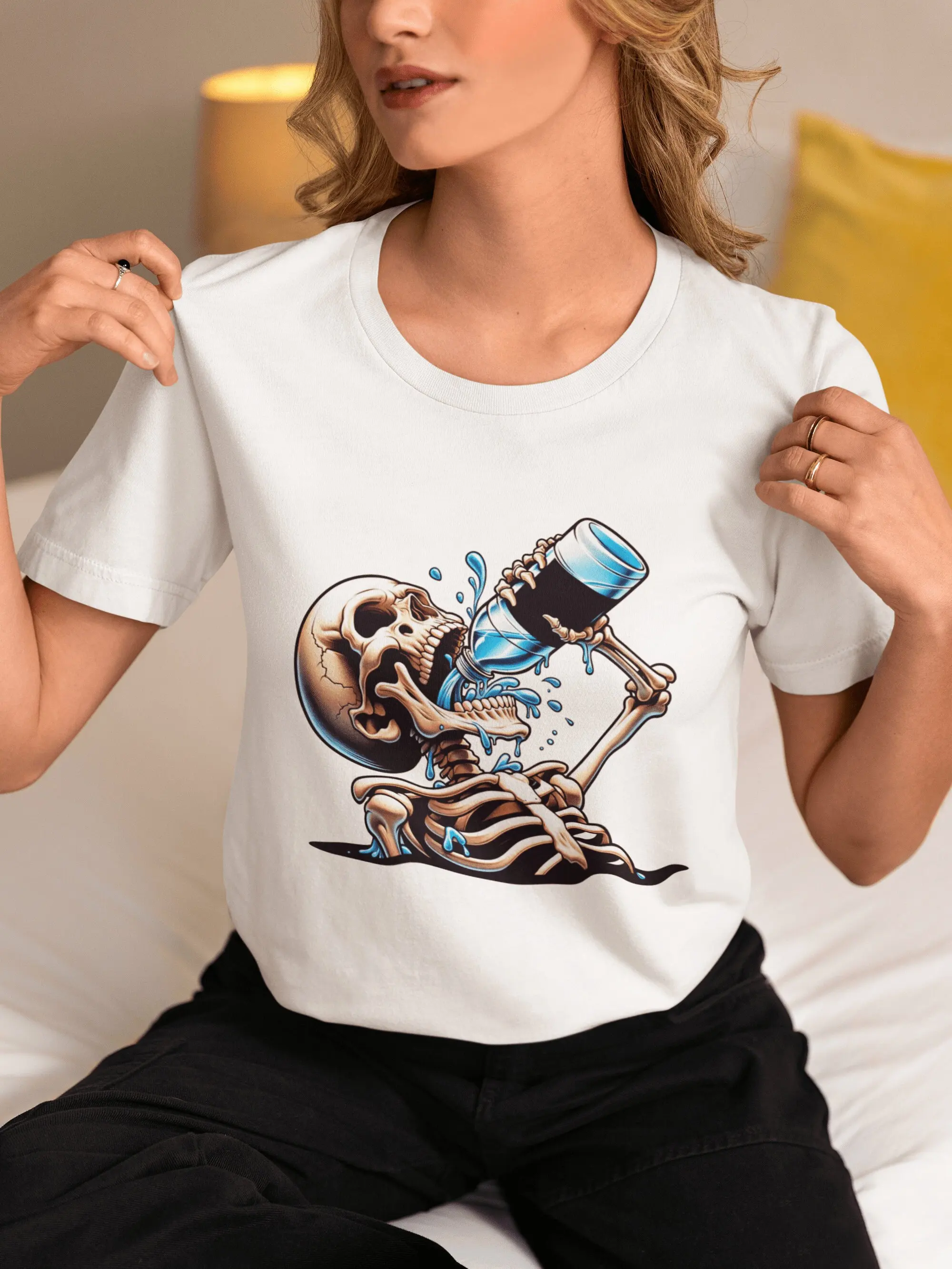 Skeleton Pouring Liquid T Shirt Edgy Streetwear Cool Skull Illustration Unique Design Fashion GifT Idea