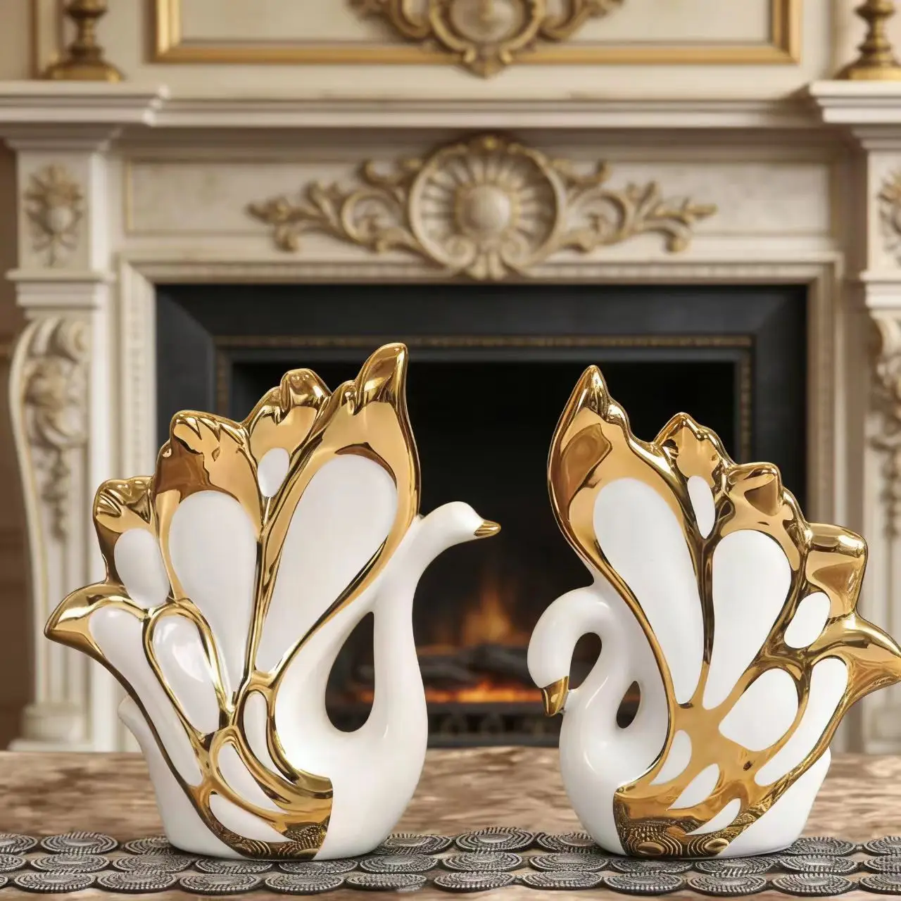 Keramisch klein zwanenpaar figuur ornament - woondecoratie voor thuis, cadeau voor geliefden, bruiloft beeldje, ambachtelijke handwerk, een paar
