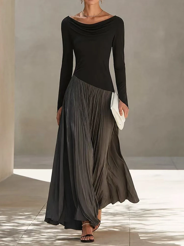 Ladies Elegant Temperament Party Dresses Vintage Color Blocking Design Hem Long Dress Casual O Neck Long Sleeved Commuting Dress
