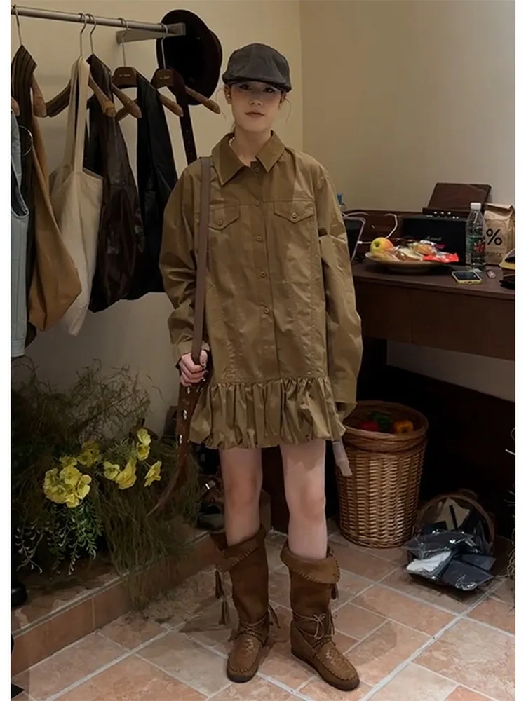 Vroege herfst trendy bruine lange Sve irt Dr Ele hoge taille A-lijn rok hoge kwaliteit eenvoudige en Ele bloemenprint