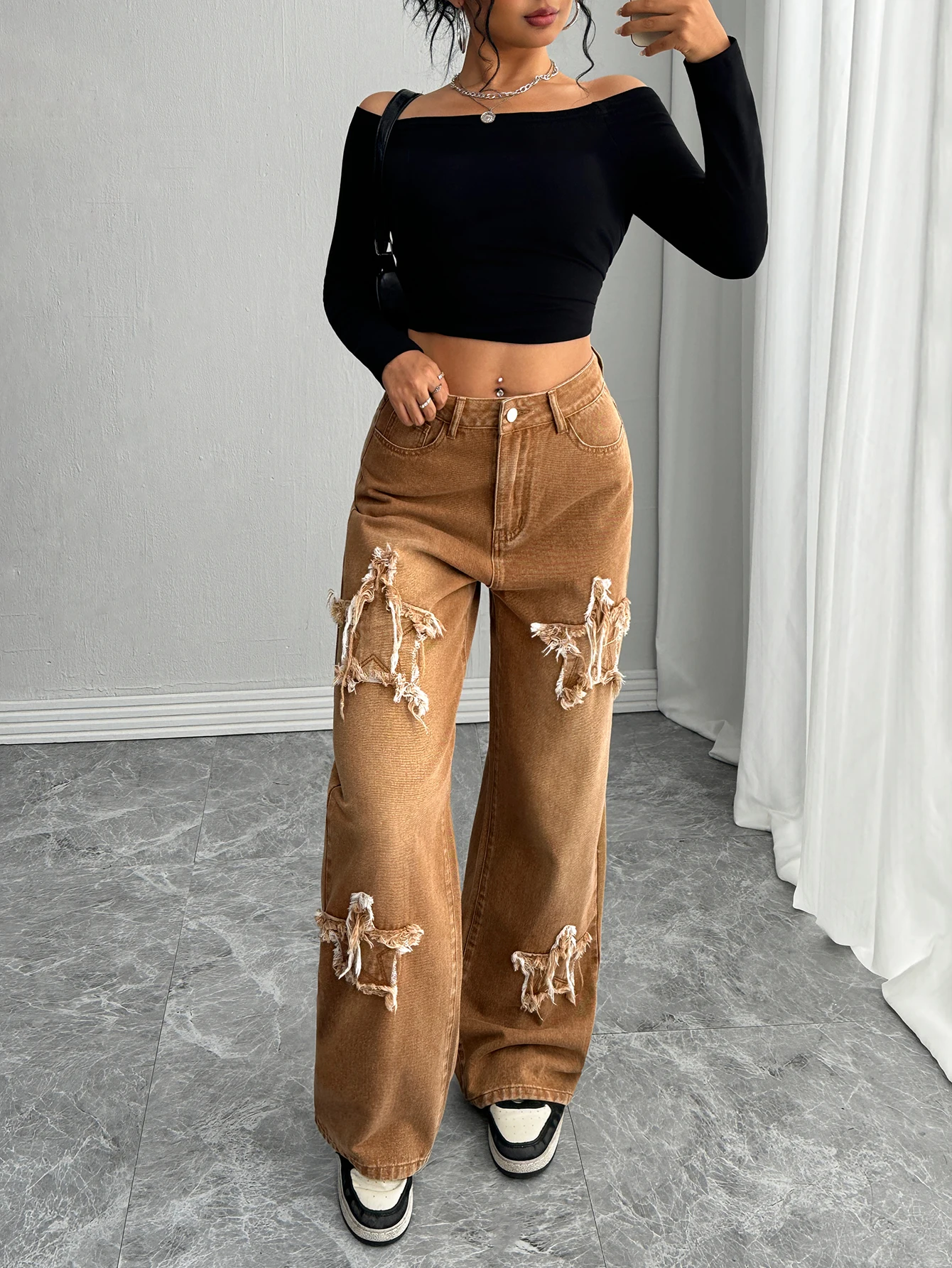 سلسلة ألوان موراد على طراز الشارع الأمريكي المطرز على شكل نجمة مرقعة ومغسولة بالماء فضفاضة تناسب السراويل المستقيمة من قماش الدنيم، #6