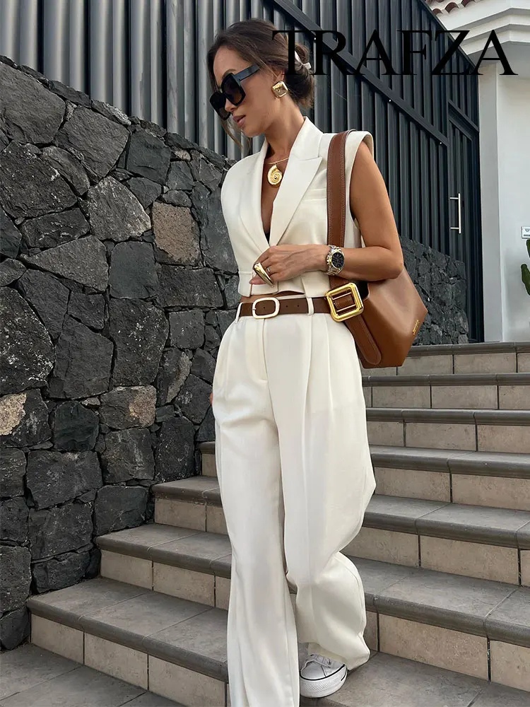 TRAFZA 2024 Summer Women Fashion Trousers Suits New Solid Short Vest Top + Vintage Streetwear Female Wide Leg Long Pant Trendy