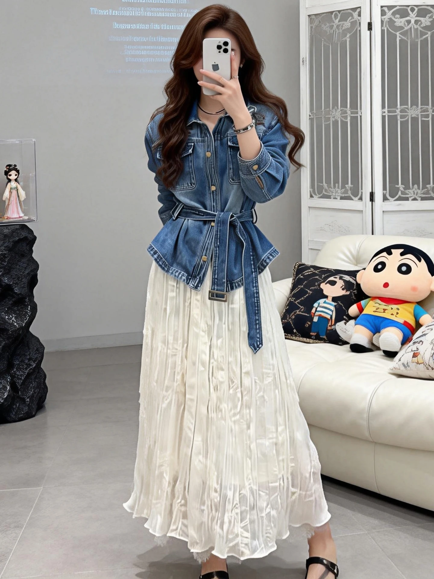

Spring Autumn Casual Korean Style Slimming Denim Jacket And Mesh Skirt Two Piece Set Women's Fashion Ensemble High Waist