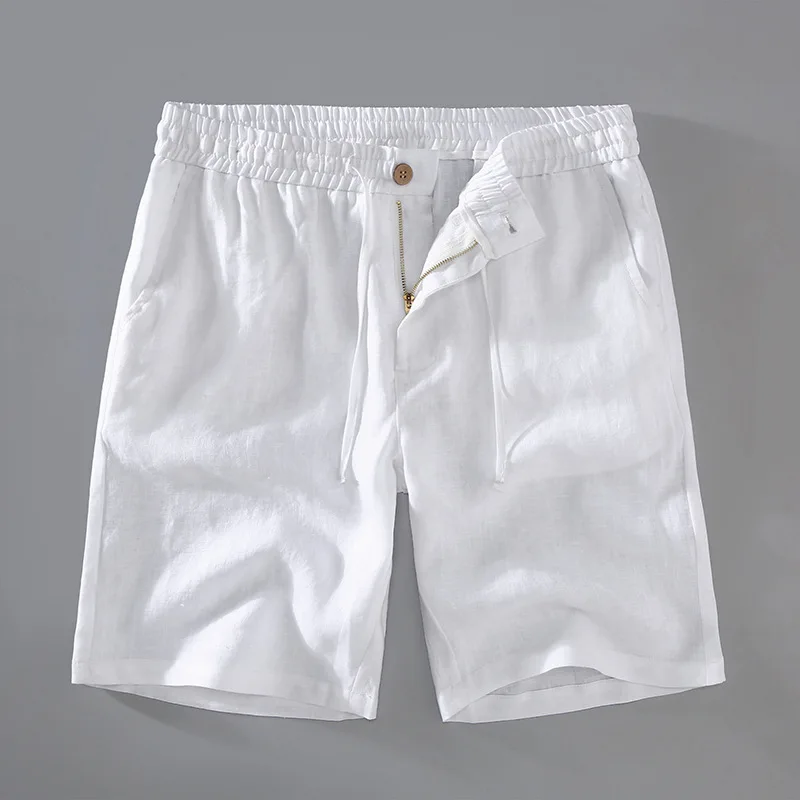 Men's 100% Linen Shorts Summer Breathable Elastic Waist Drawstring Casual Straight Five-Pocket Pants White
