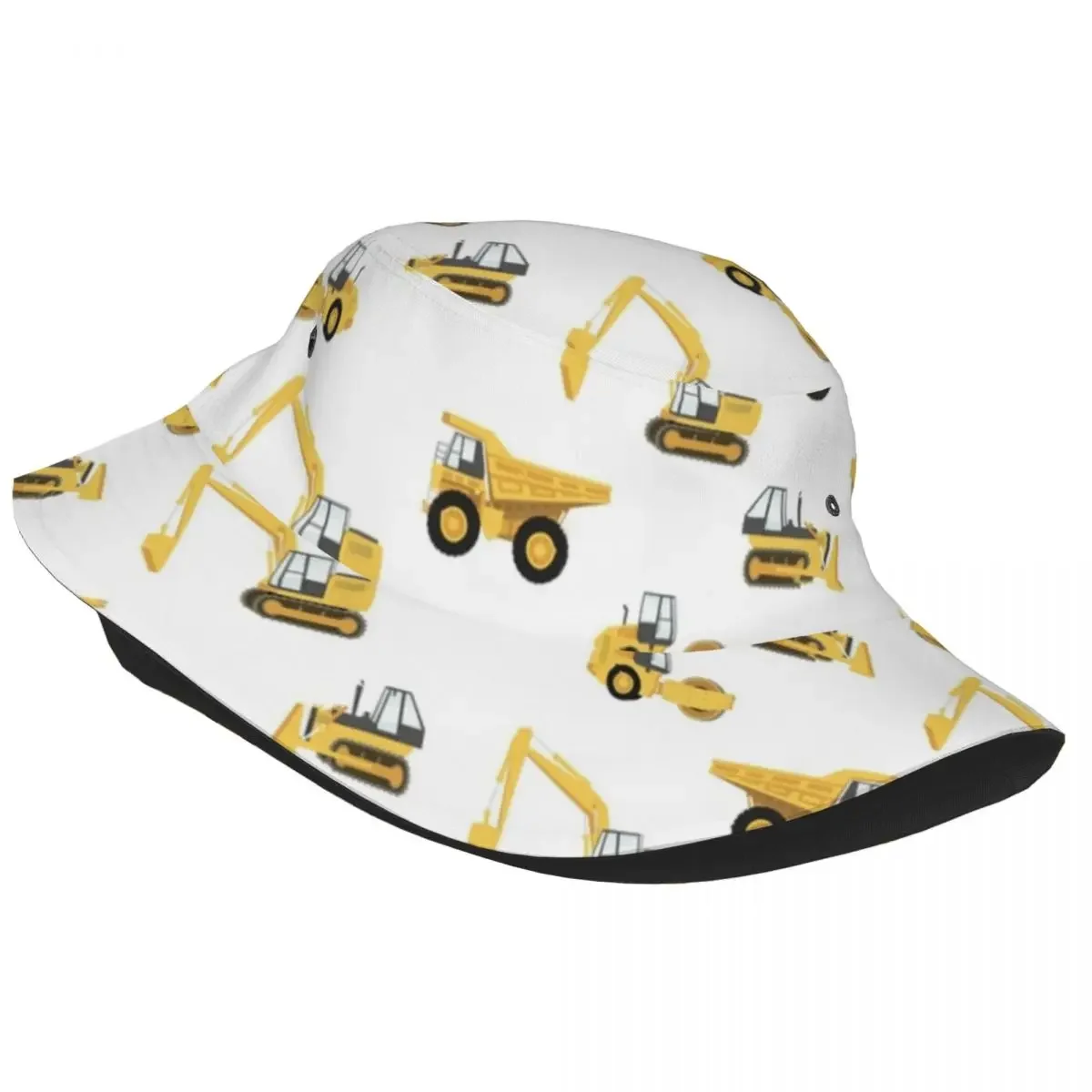 Men Women Construction Trucks Bucket Hat White Pattern Portable Fisherman Hats Classic Vacation Caps Hip Hop Pattern Sun Hat