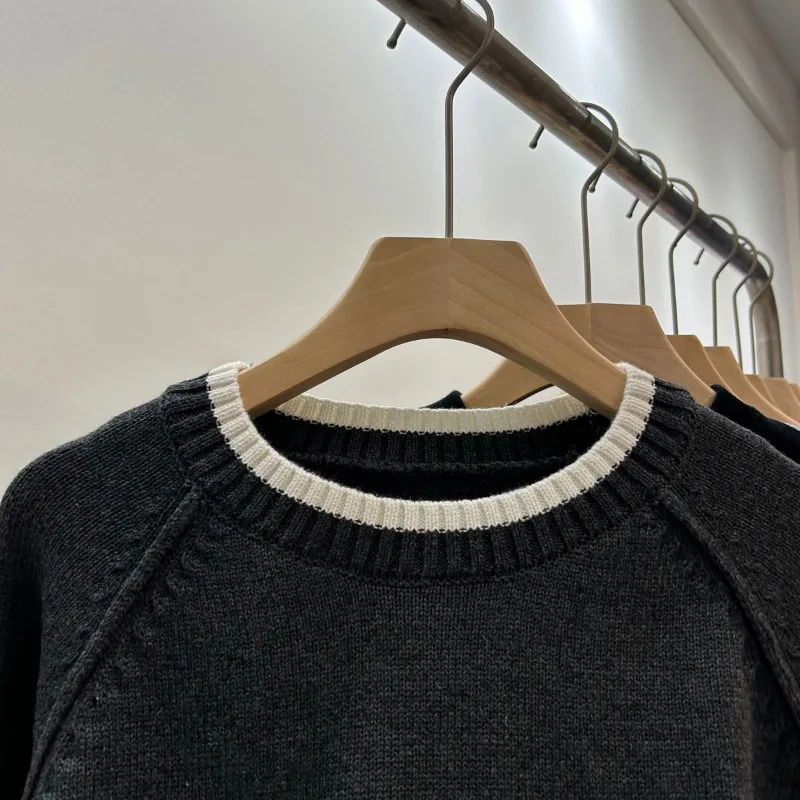 المرأة طاقم الرقبة سترة فضفاضة أنيقة الكورية نمط اللون منعت تنوعا طويلة الأكمام قاع محبوك