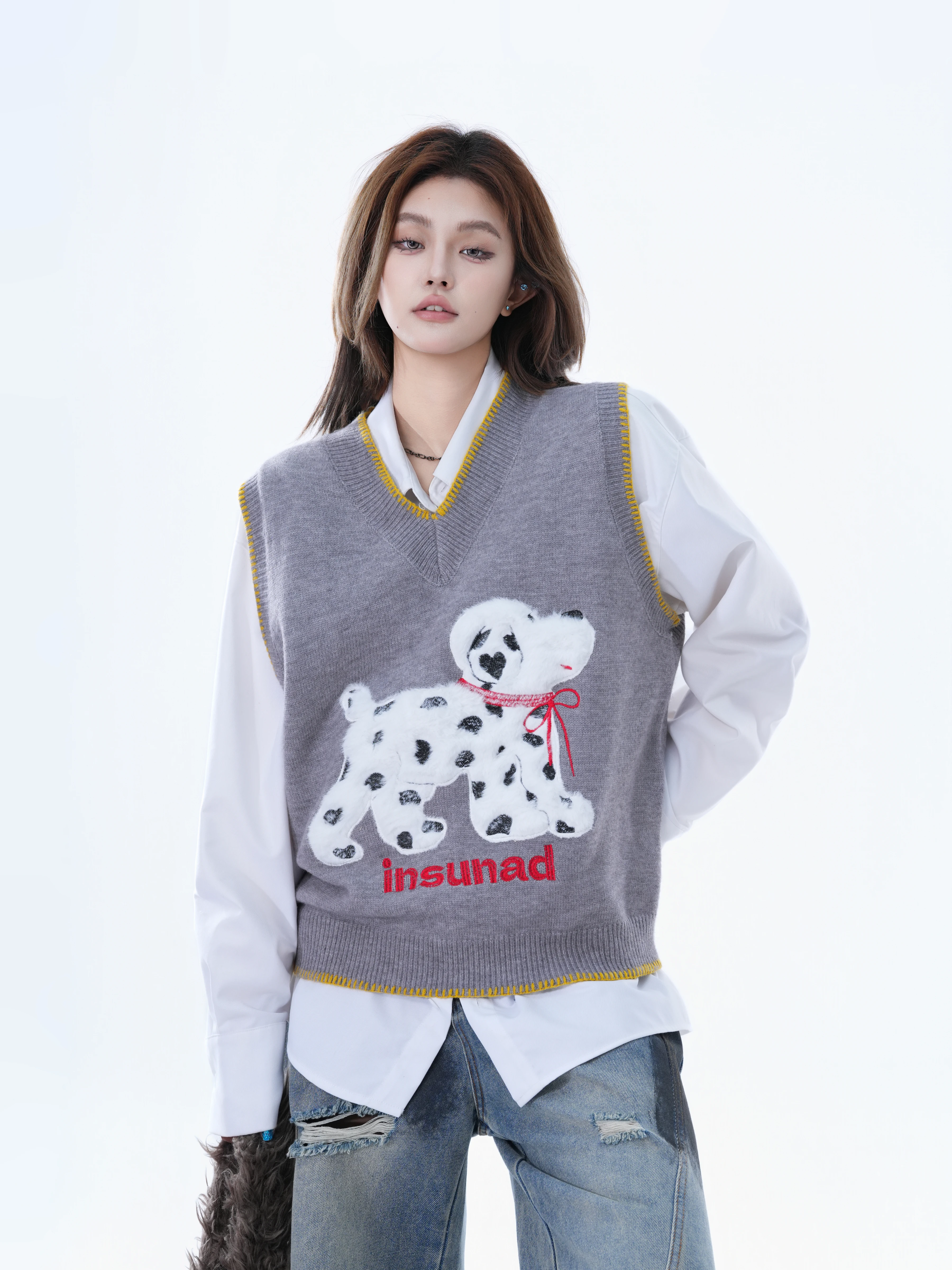 American Retro Flocking Dog Collar Knitted Vest Women Loose Lazy Layered Top Small Ball Ball Style Autumn Fashion Ladies Vest