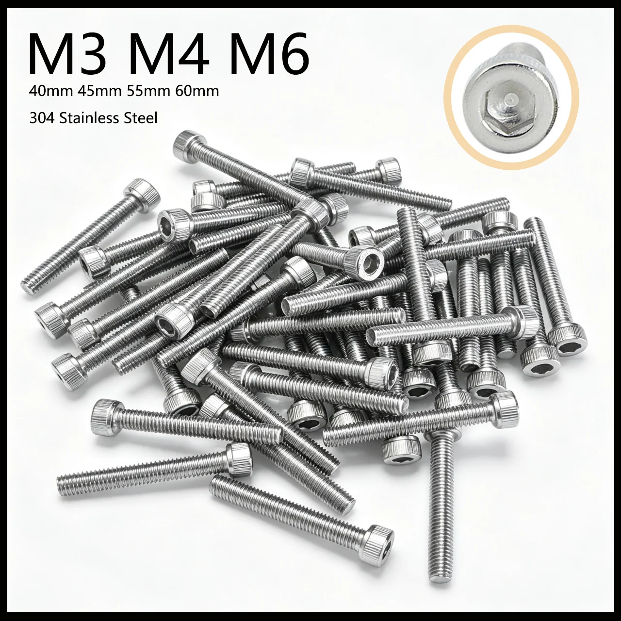 5PCS M3 M4 M5 304 Stainless Steel A2-70 DIN912 Allen Hex Socket Cap Head Bolts Length 10-45/50/55/60mm