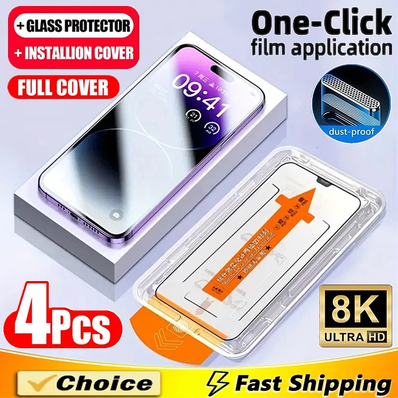 

4Pcs Oleophobic Dust Free Easy Installation Screen Protector For iPhone 16 15 14 13 12 11 17 Pro Max XR X XS MAX 8 7 Plus Glass