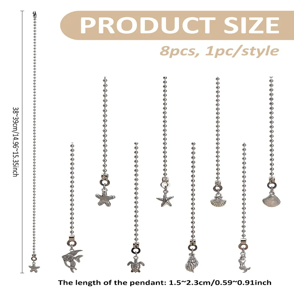 8Pcs Alloy Charms Ceiling Fan Pull Chain Extenders with Iron Ball Chain Platinum 380~390mm 8pcs/set view 2