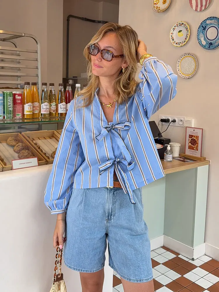 HH 가을 여성 패션 캐주얼 셔츠 포플린 리본 장식 스트라이프 프린트 브이넥 롱 퍼프 슬리브 탑 여성 시크 블라우스