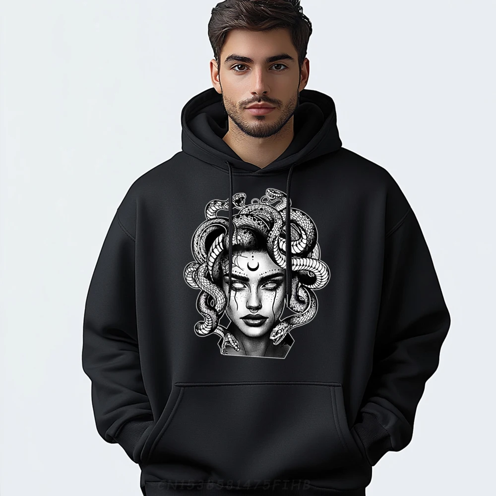 Tattooed Medusa Greek Mythology Blackwork Men's Long Sleeve Hoodies Cool New Year Day Hoodies Crazy Hoodies Graphic Crew Neck