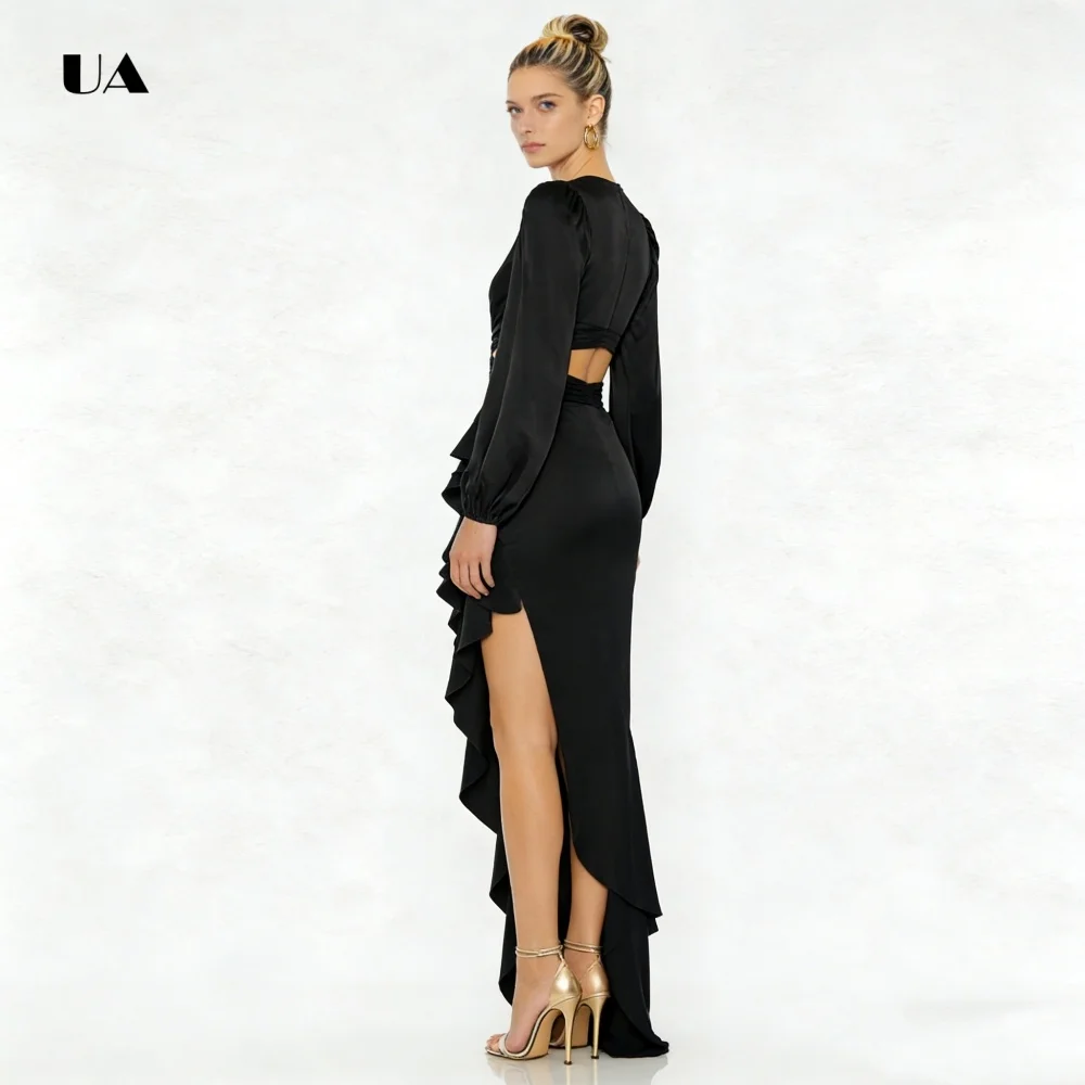 فستان حفلة موسيقية غير متماثل من الساتان من ULBYANRY بأكمام طويلة، فستان سهرة سادة بفتحة رقبة على شكل حرف V عميقة، فستان حفلات مخصص مكشكش