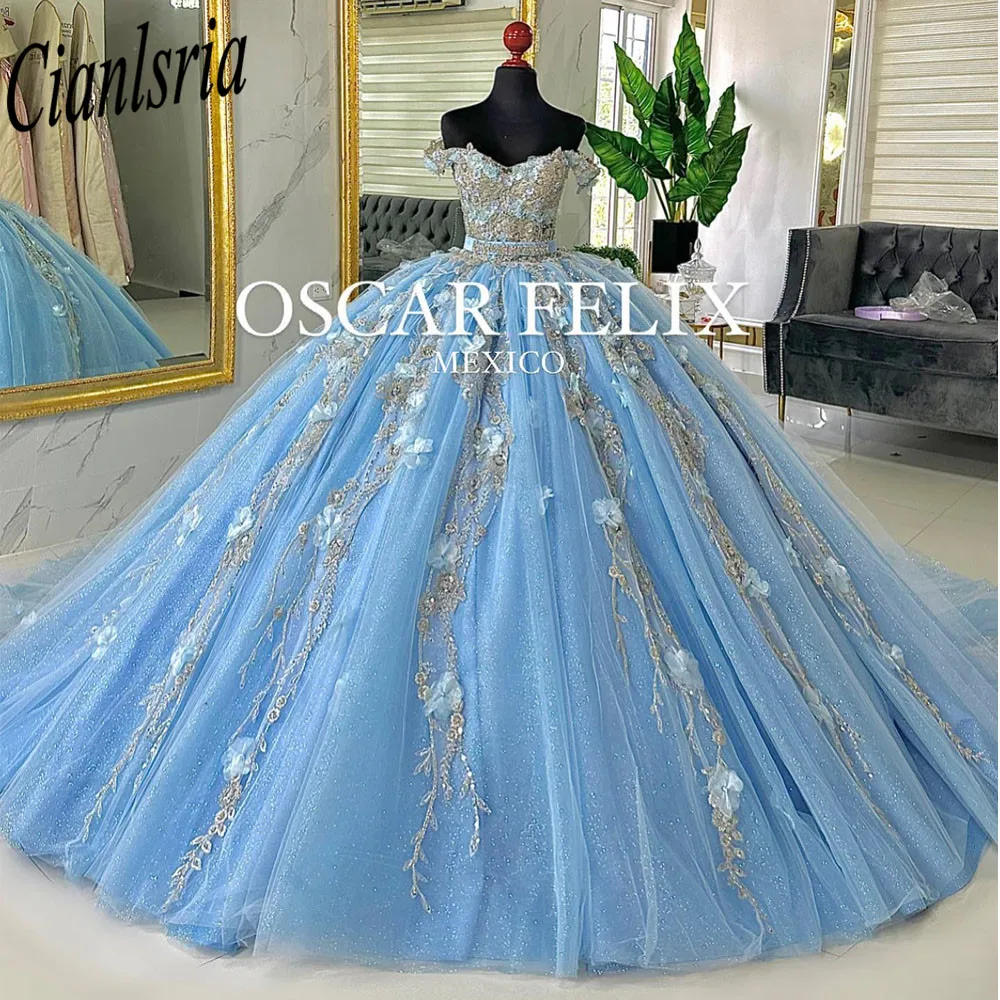 Quinceanera Dresses Off The Shoulder  Ball Gown Floral Appliques Lace Bow Back Corset For Sweet 15 Girls Party