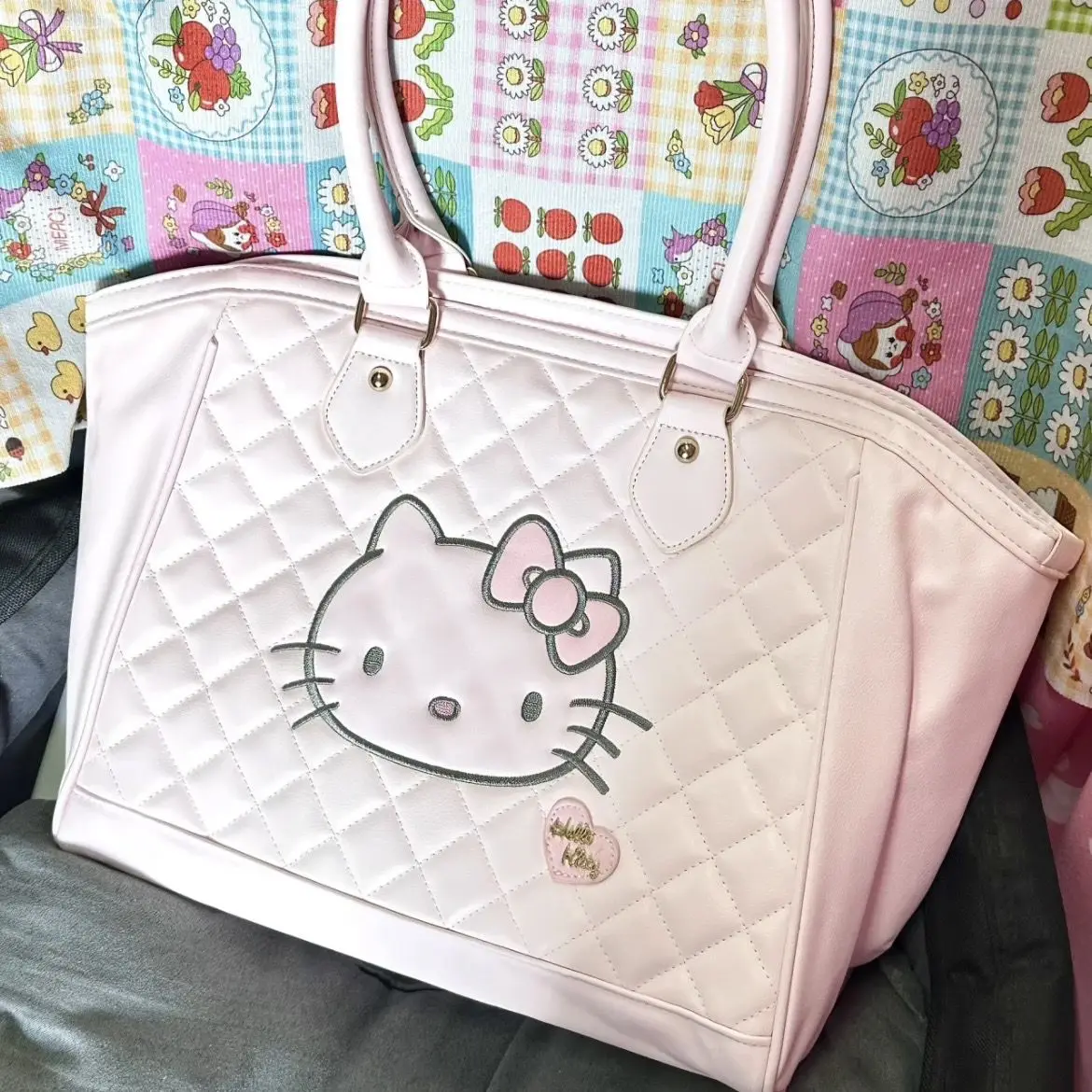 Sanrio Hello Kitty Handbag Sweet Girl Pink Tote Bag For Women PU Leather Cute Large Capacity Travel Underarm Shoulder Bags