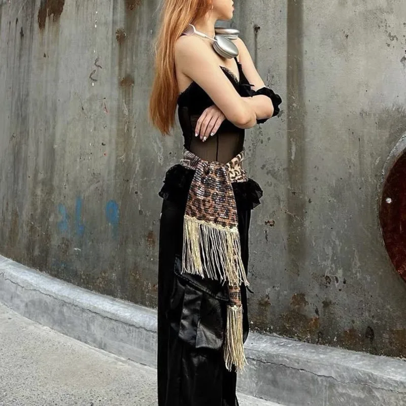 Sciarpa in vita per danza jazz bohémien, tenda personalizzata con paillettes con stampa leopardata, tenda scoreggia, tendenza per danza di strada, vestito in vita per danza del ventre Nuovo