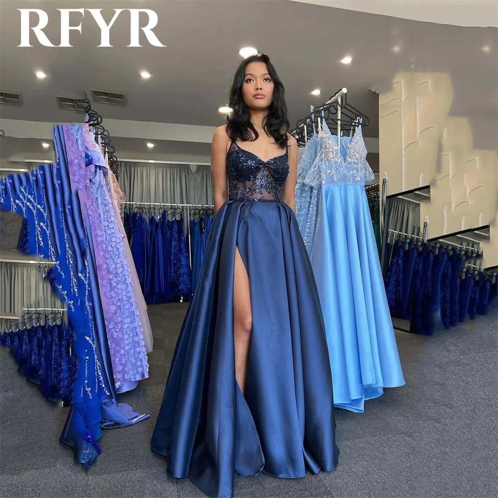 

RFYR Navy Blue A Line Prom Dresses Appliques Exquisite V Neck robes du soir Spaghetti Strap Evening Dress Side Split Party Dress