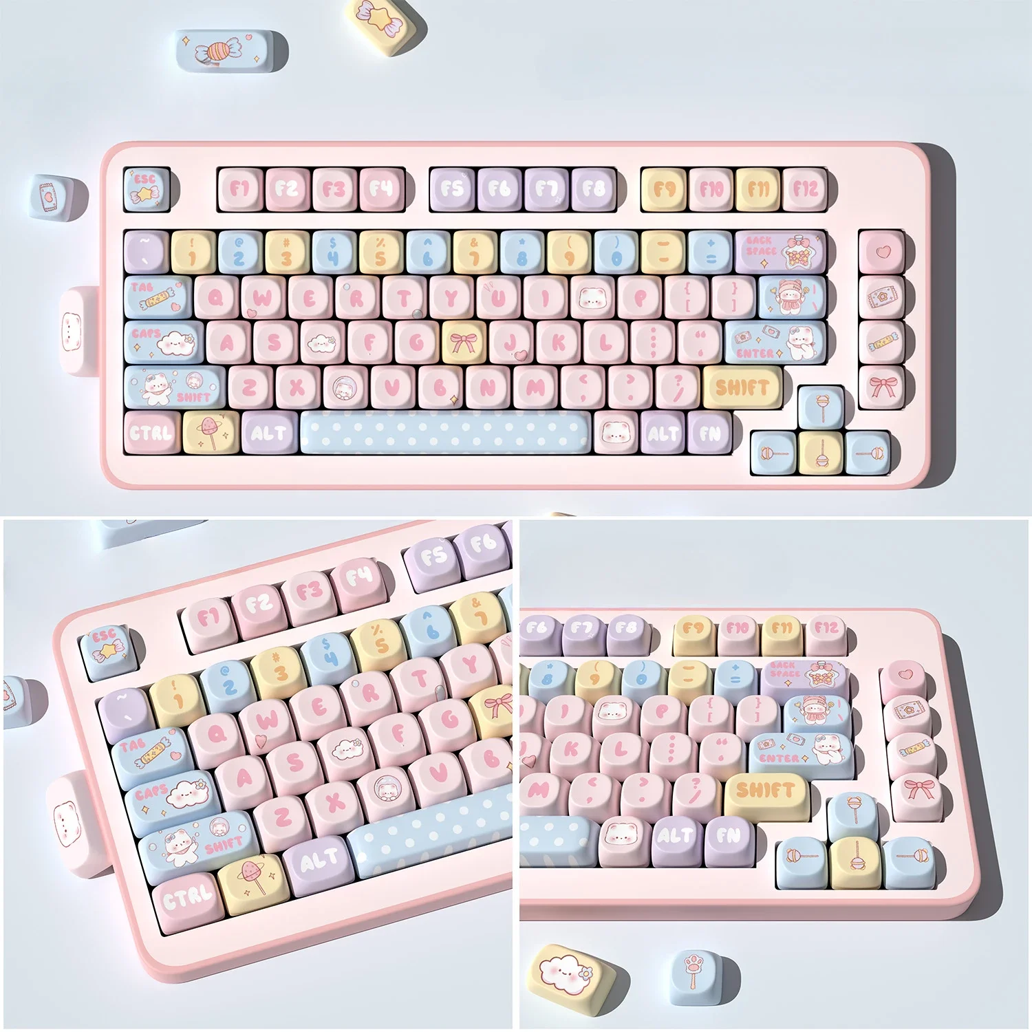 Cute Candy Bear Keycap Moa Pbt For Mechanical Keyboard Five-Sided Sublimation Keycaps Small Complete Set Of 131 Key Pink Keycap