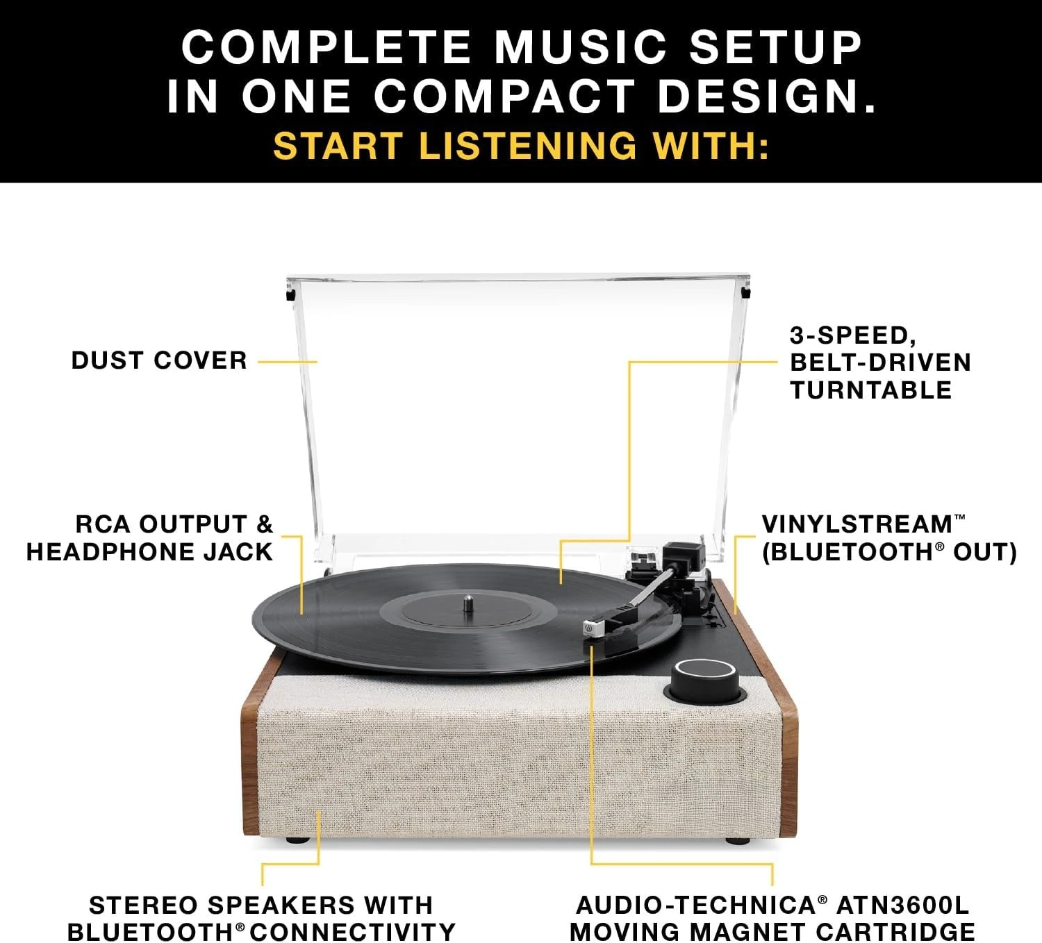 

Record Player with Speakers – Bluetooth 5.1 and Vinyl Stream Technology, Vintage Style 3-Speed Vinyl Player