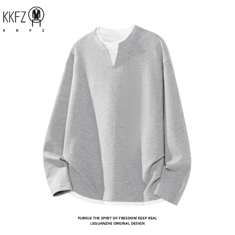 Men's Waffle Knit Fake Two‑Piece Long Sleeve T‑Shirt Notch V‑Neck Drop‑Shoulder Loose Fit Casual Layered Look Tops