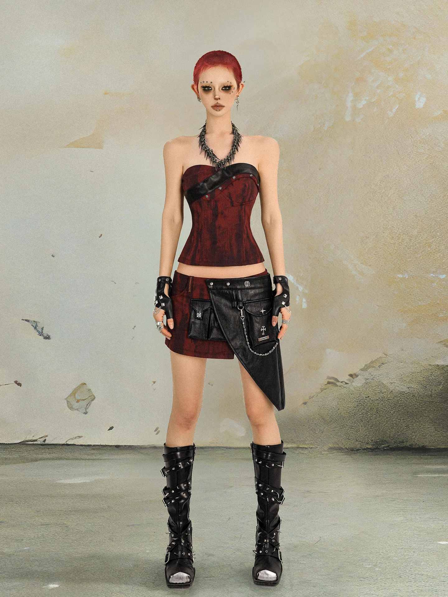 Rock Punk Wear Red and Black Tube Top Women's Design off-the-Shoulder Hot Girl Summer Fashion