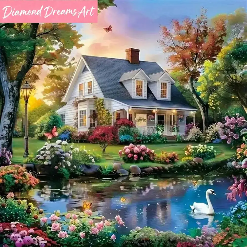 DIY Diamant-Mosaik Haus-Landschaft Kreuzstich Diamantmalerei See-Bild Strass-Dekoration für Zuhause, rahmenlos