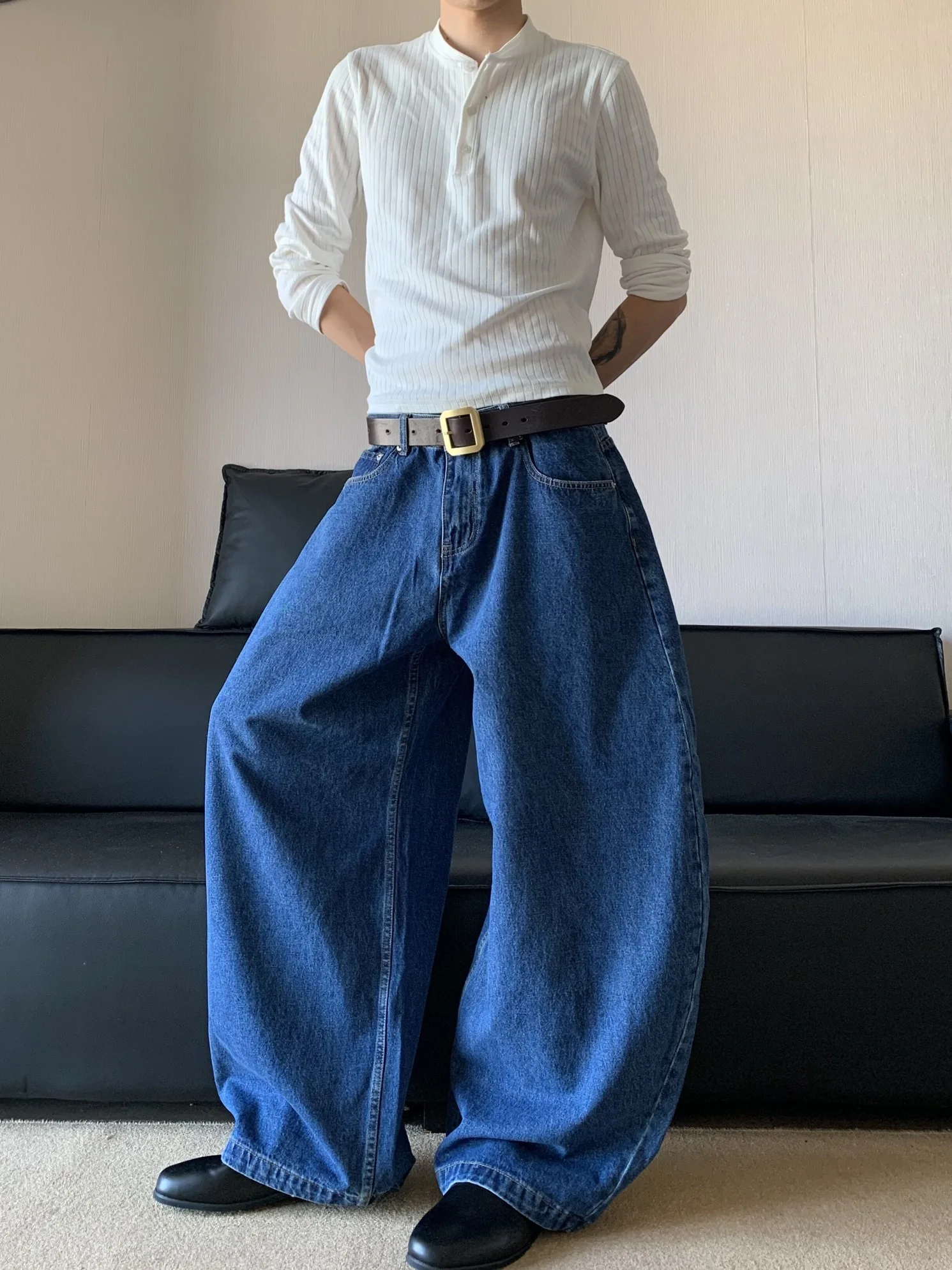 

Retro American Vintage Cowhide Jeans Men Women Casual Loose Straight Leg High Waist Polyester Fiber Autumn Season Pure Color