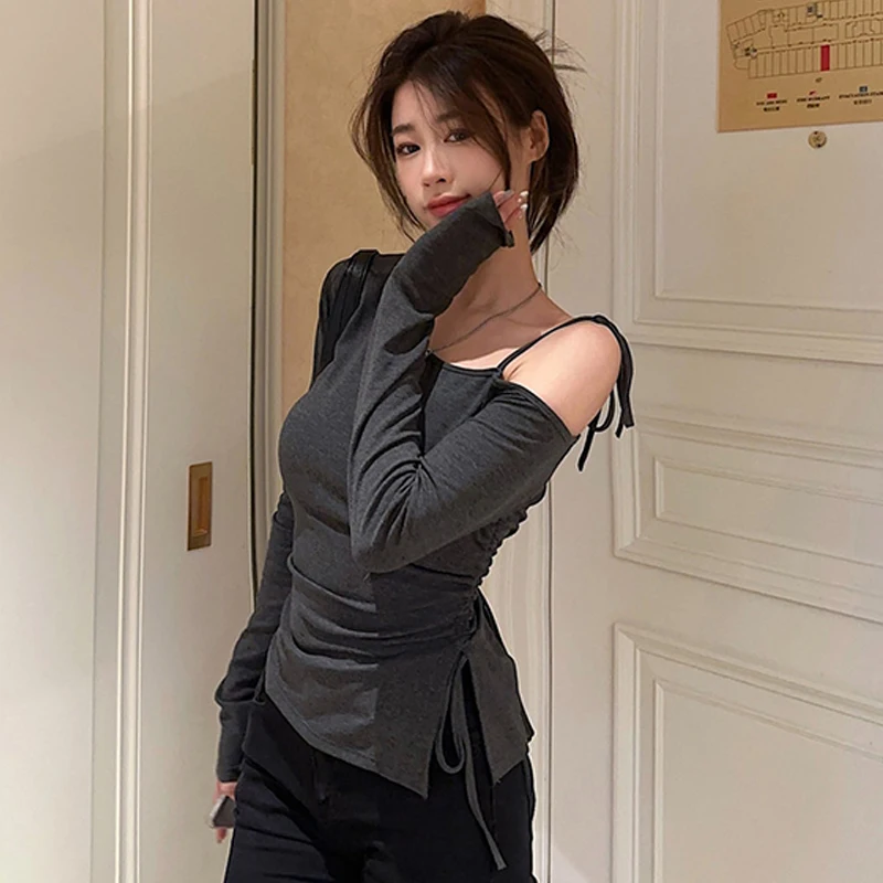 Women\'s Fashion Sexy Solid Color Off-shoulder Long Sleeve Irregular Lace-up Slits T-shirt