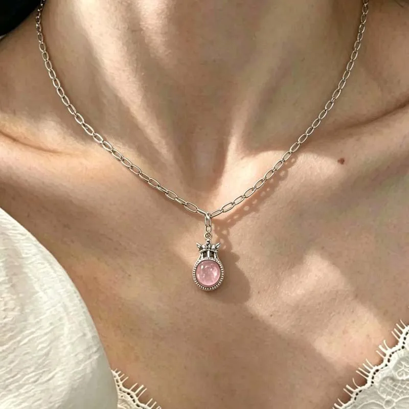Lotus Shaped Inlaid Pink Synthetic Zirconia Pendant Necklace for Women's Temperament Daily Wear Banquets Parties Jewelry Gifts