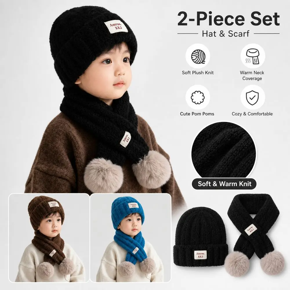 Set Topi Rajut Baru dengan Syal Tekstur Rib yang Lembut, Syal Beanie Rajut Hangat dengan Pom Pom untuk Anak Laki-laki dan Perempuan.