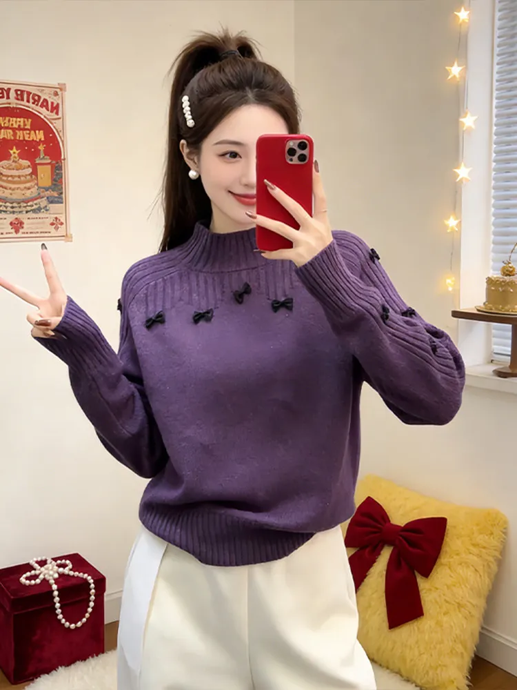 

Женский фиолетовый вязаный свитер больших размеров с высоким воротником и узлом, базовый слой, осень-зима, новый трикотаж Sle Cleanfit