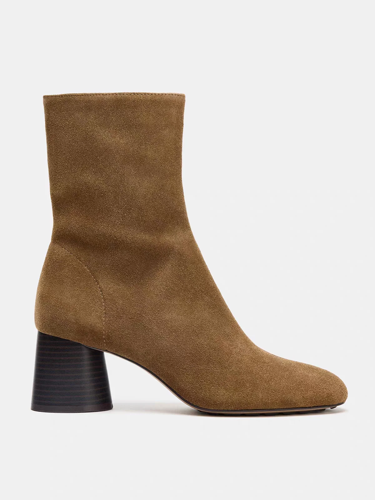 New Women's Shoes in Sandy Brown Suede Pointed Toe Zip-up Ankle Boots with Chunky Heels, Slimming and Versatile Style