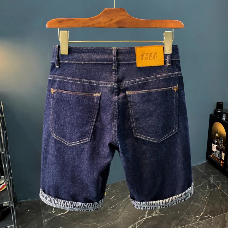 2024Summer Primary Color Washed Denim Shorts Men's Fashionable Printed Straight Shorts Dark Blue Stretch Bermuda Shorts