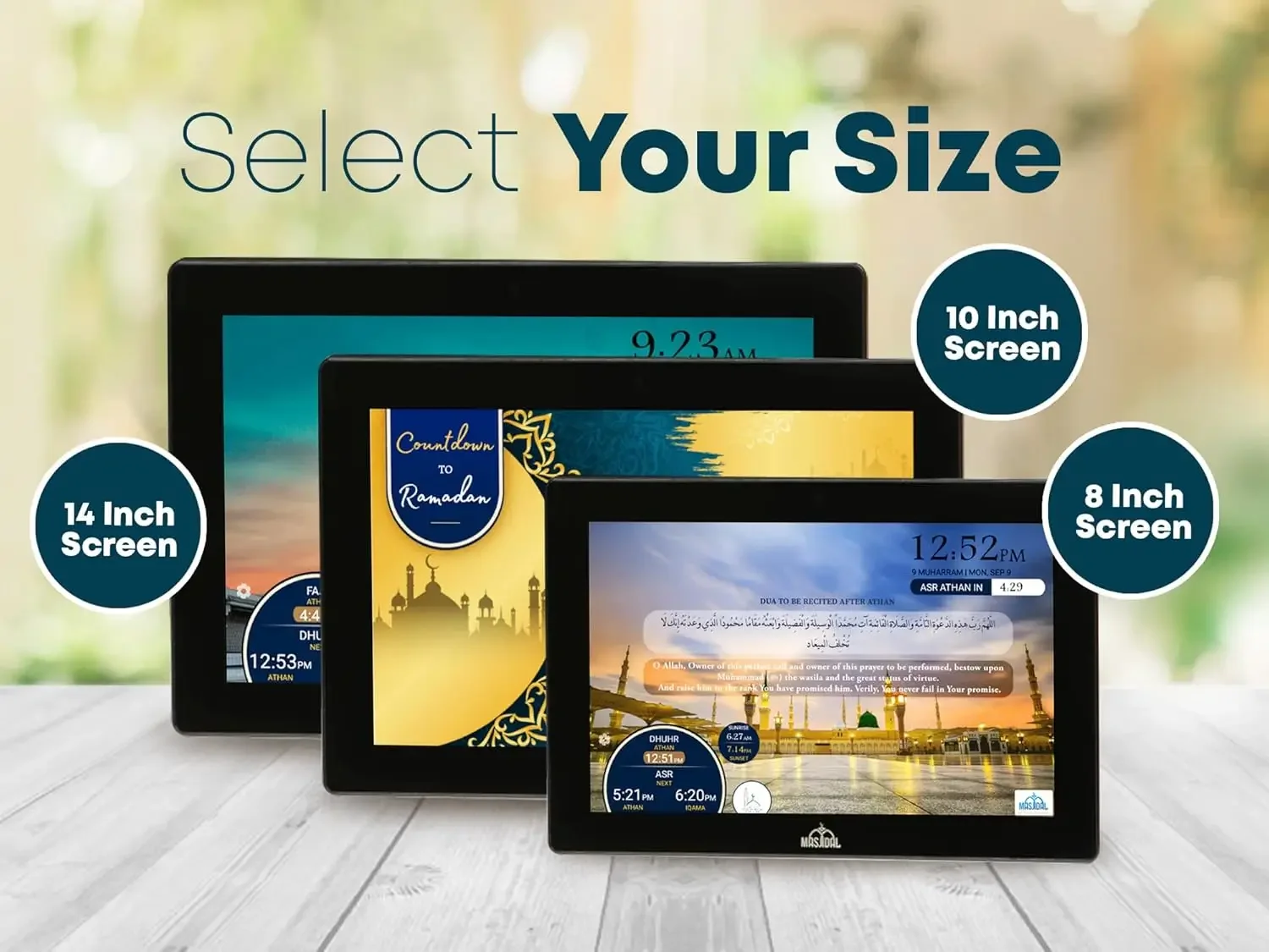 14インチデジタル時計、WiFi対応、ダイナミックタッチスクリーン、世界の礼拝時間、フルコーランプレーヤー