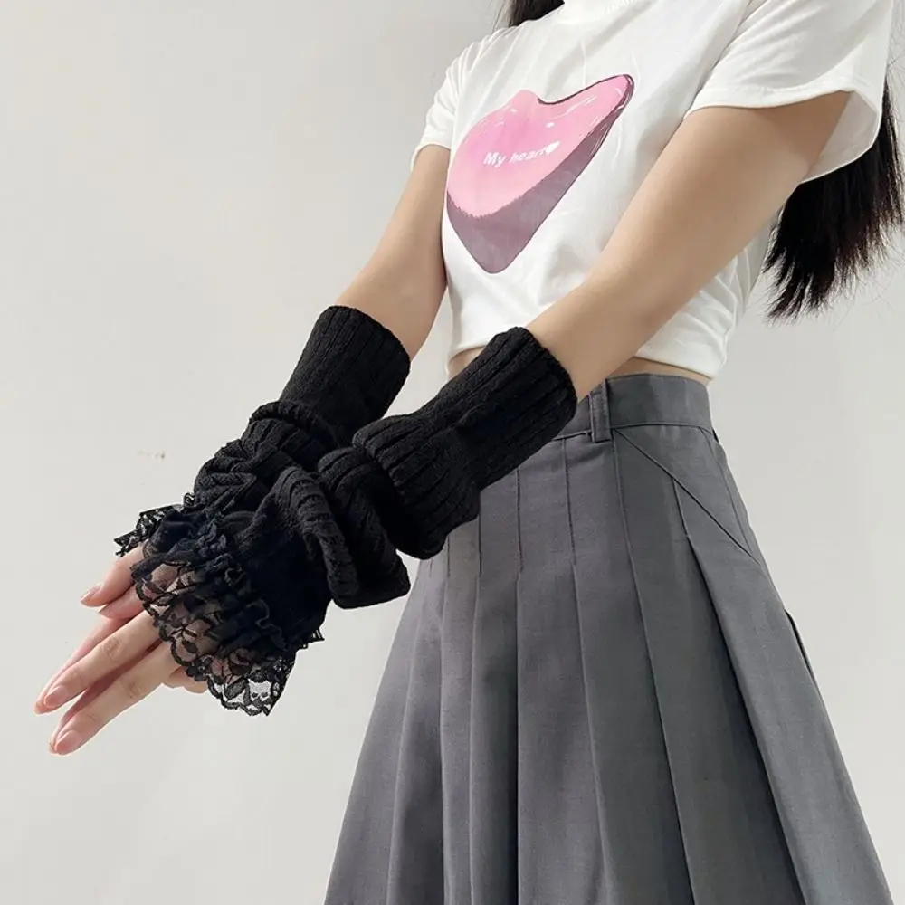 Fingerless Long Wrist Gloves Arm Warmers Black White Knitted Gloves Finger Sleeves Cover False Sleeves Elbow Mittens
