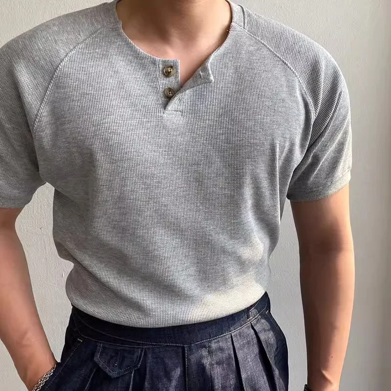 Summer New Waffle Henry Neck Short Sleeve Men's Slim Fit Business Ice Silk Breathable T-Shirt