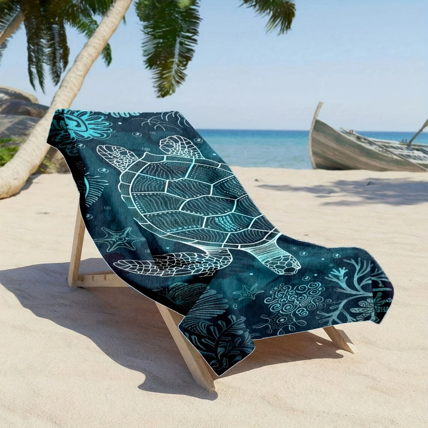 1pc Bohemian Style Beach Towel,Quick-Dry Microfiber,Sea Turtle & Coral Reef Print,Durable Sunscreen Washable Square Towel