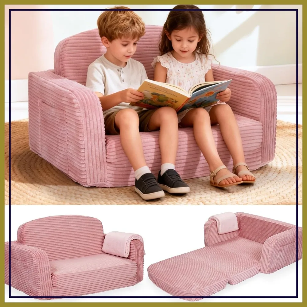 

Extra Wide 2 in 1 Convertible Couch - Corduroy Fold Out Sofa Chair with Blanket, Comfy Comfortable, Machine-Washable Cover, Pink