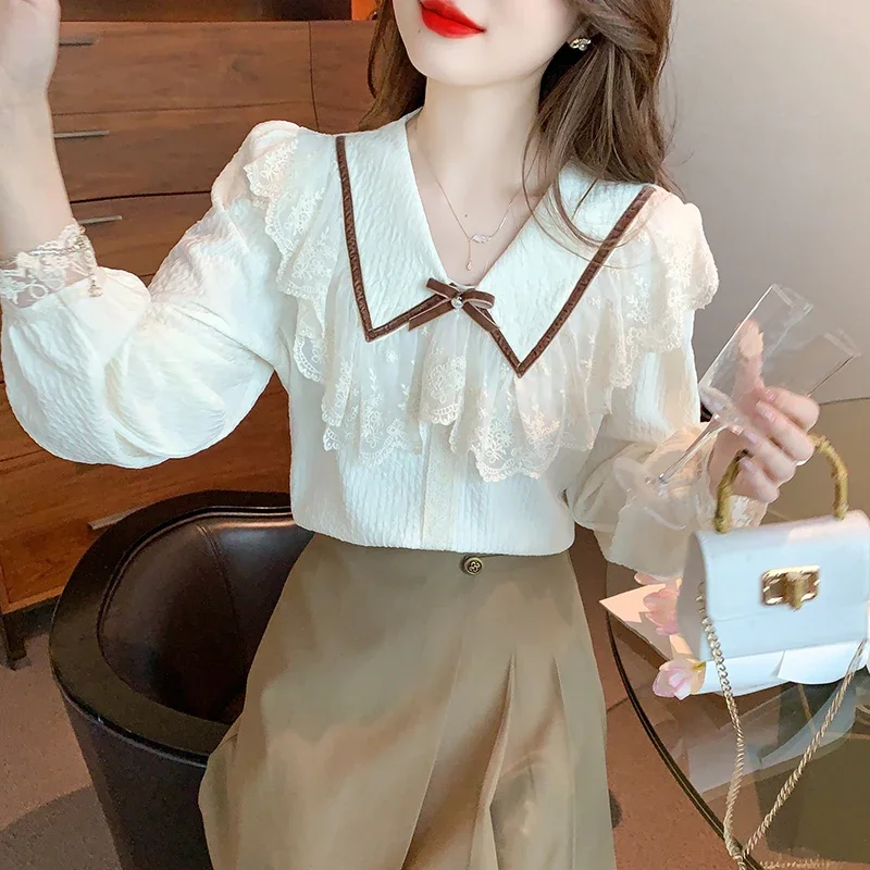 Sweet Autumn New Long Sleeve Doll Collar Women Blouse Bow Lace Splicing Chiffon Blouse Shirt Women Tops Blusas Para Mujer A696