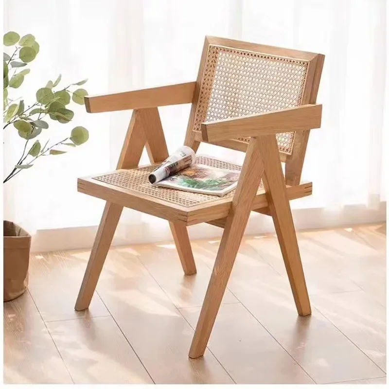 Nordic Solid Wood Dining Chair Rattan Backrest Chair Home Balcony Leisure Small Chair Restaurant Modern Minimalist Negotiation T